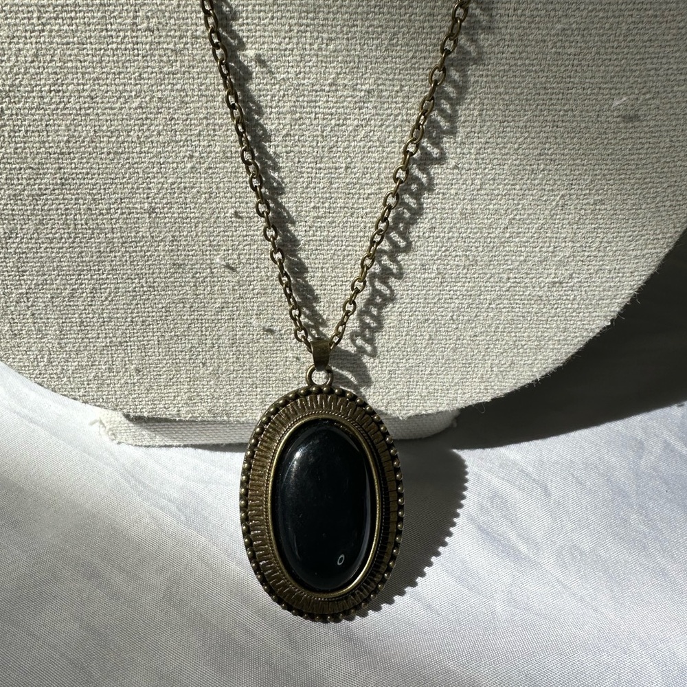 Long antique goldtone oval medallion pendant necklace set